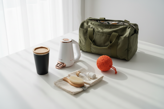 Smart home and lifestyle essentials flat lay including insulated coffee cup, steam cleaner, foldable bag, pet toy, and baby care kit
