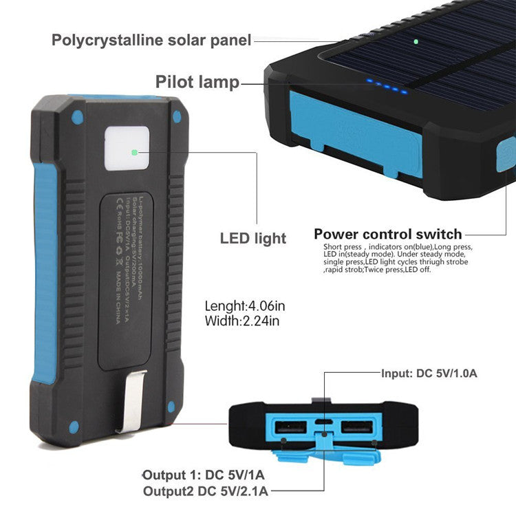 Black and blue portable power station with labeled features on a white background