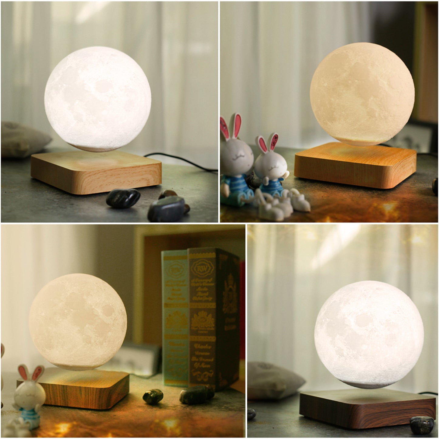 Collage of a moon-shaped lamp on a wooden base in various settings.