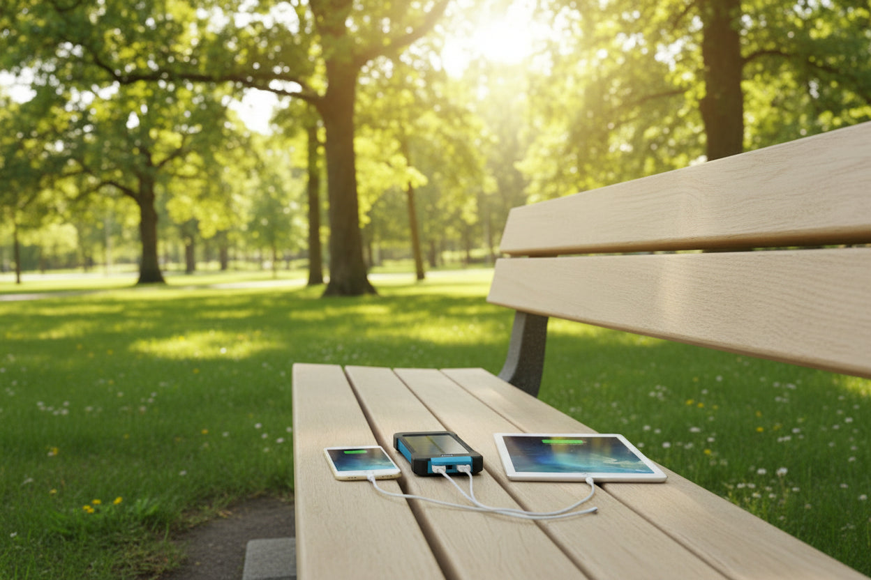 Solar power bank charging a smartphone and tablet on a dark surface