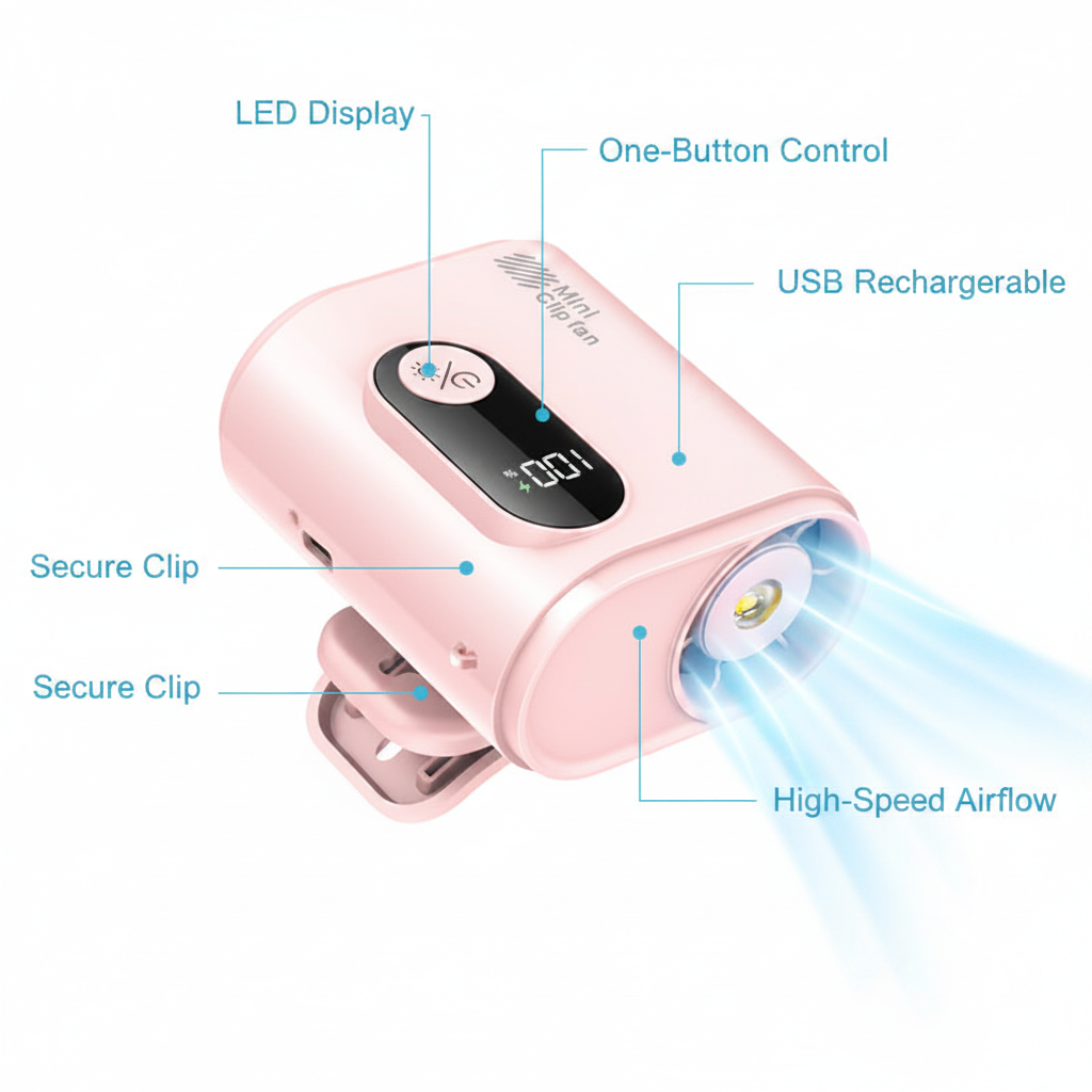 Pink clip-on fan feature infographic